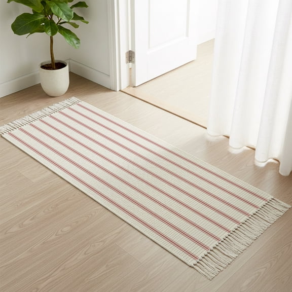Entryway Door Mat 2'x 4', Red Striped Non Slip Washable Throw Rug with Tassels, Rustic Red Stripe Modern Art Beige Woven Reversible Indoor/Outdoor Rug for Doormat, Porch, Kids Room