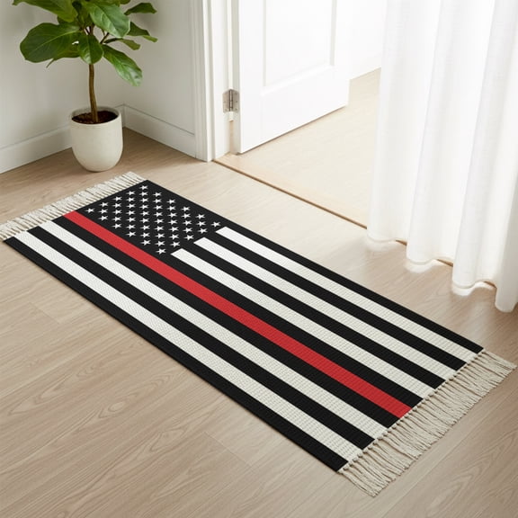 Entryway Door Mat 2'x 4', Red White Stripe Fireman American Flag Non Slip Washable Throw Rug with Tassels, Fire Fighter USA Flags Woven Reversible Indoor/Outdoor Rug for Doormat, Porch, Kids Room