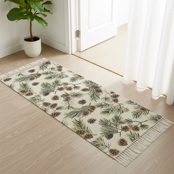 Entryway Door Mat 2'x 4', Sage Green Christmas Non Slip Washable Throw Rug with Tassels, Rustic Pine Cones Xmas Botanical Woven Reversible Indoor/Outdoor Rug for Doormat, Porch, Kids Room