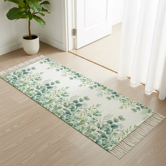 Entryway Door Mat 2'x 4', Sage Green Eucalyptus Non Slip Washable Throw Rug with Tassels, Farmhouse Botanical Leaves Woven Reversible Indoor/Outdoor Rug for Doormat, Porch, Kids Room
