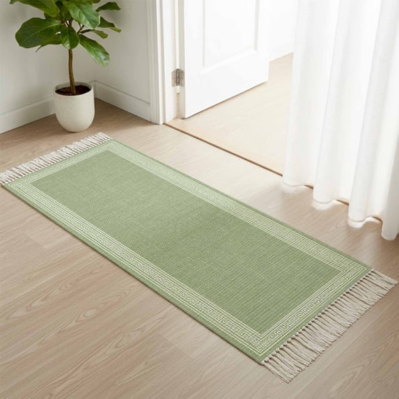 Entryway Door Mat 2'x 4', Sage Green Geometric Non Slip Washable Throw ...