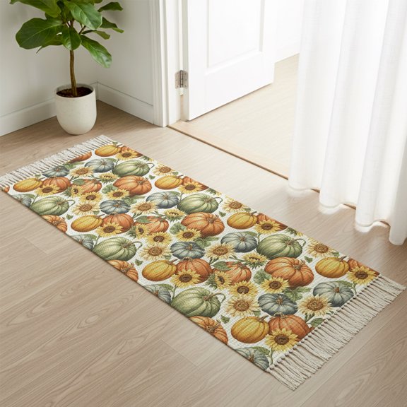 Entryway Door Mat 2'x 4', Thanksgiving Non Slip Washable Throw Rug with Tassels, Orange Pumpkin Sage Green Fall Sunflower Woven Reversible Indoor/Outdoor Rug for Doormat, Porch, Kids Room