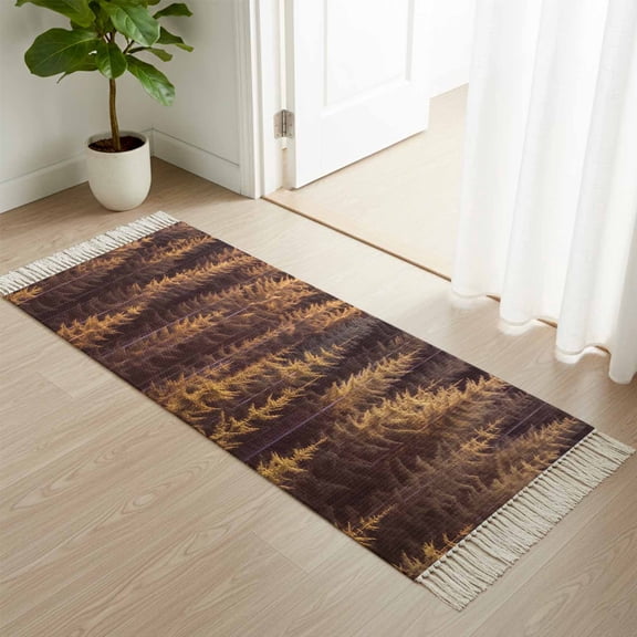 Entryway Door Mat 2'x 4', Yellow Forest Non Slip Washable Throw Rug with Tassels, Pine Tree Summer Botanical Modern Art Woven Reversible Indoor/Outdoor Rug for Doormat, Porch, Kids Room