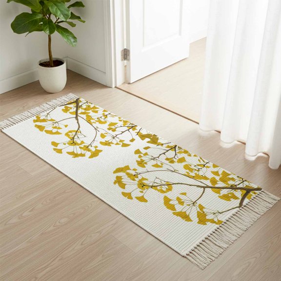 Entryway Door Mat 2'x 4', Yellow Leaves Non Slip Washable Throw Rug with Tassels, Fall Branches Brown Tree Woven Reversible Indoor/Outdoor Rug for Doormat, Porch, Kids Room