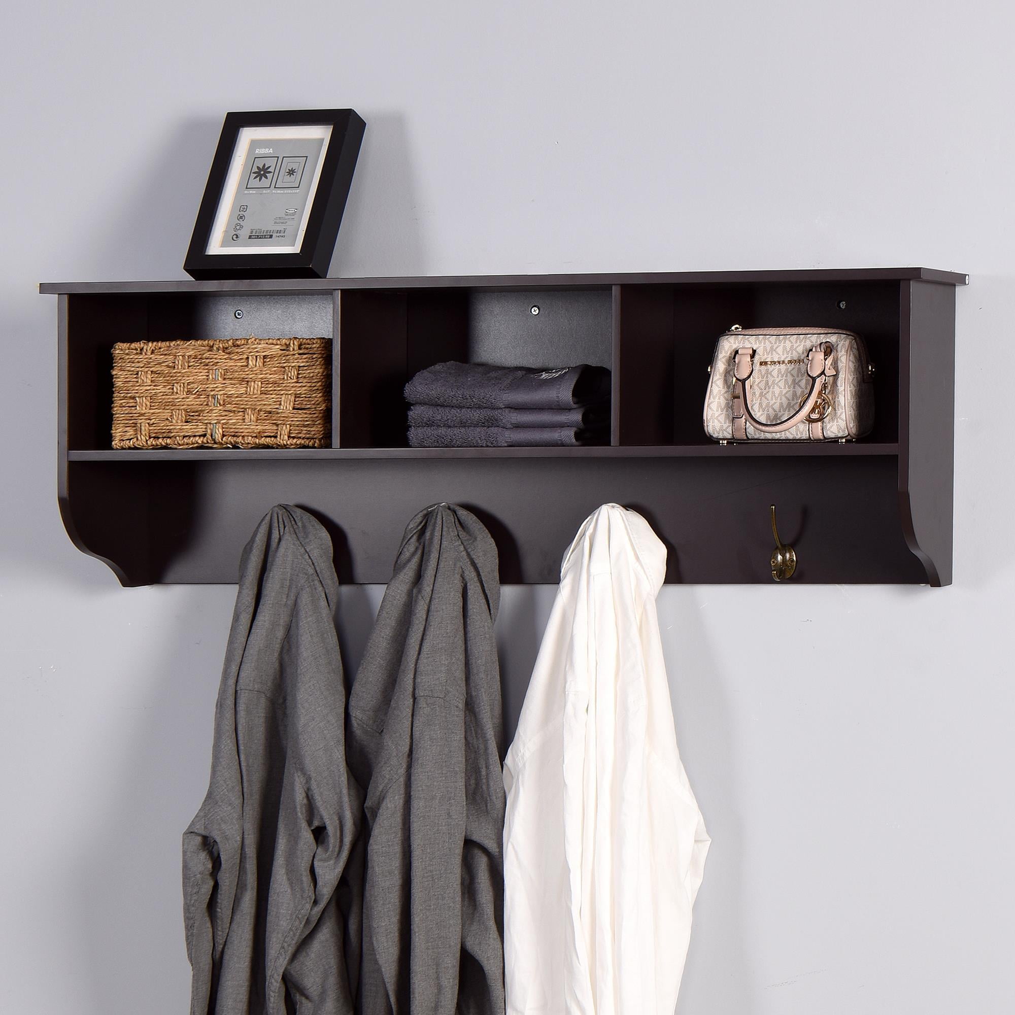 Entryway Floating Coat Rack 39 Wood Wall Mounted Storage Hanging Shelf w 4 Dual Hooks Brown