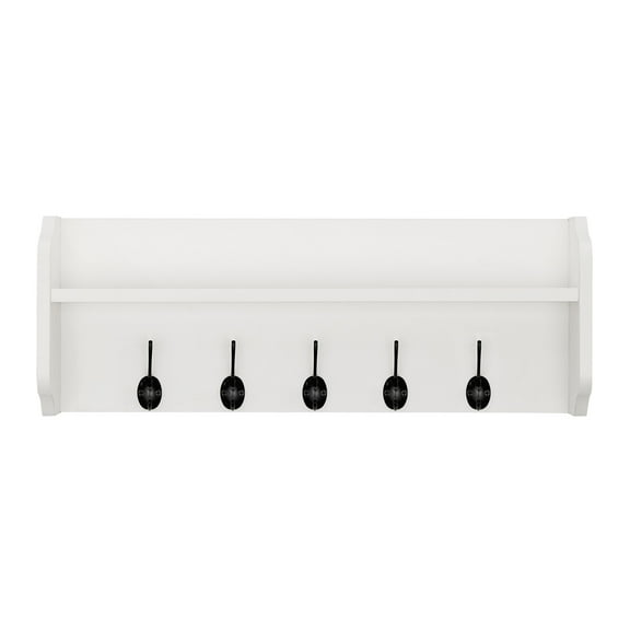 Entryway Floating Utility Wall Shelf with Hooks – Wall Mounted - White