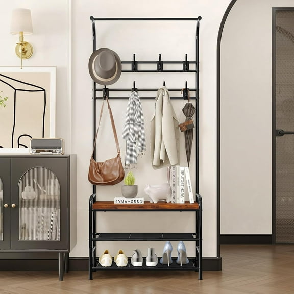 Entryway Hall Tree, 4-in-1 Freestanding Coat Rack with Shoe Storage Bench, 3-Tier Shelf, Hanging Rod, and 8 Adjustable Hooks for Entryway, Bedroom, or Living Room, Retro Brown