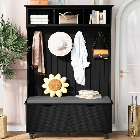 Entryway Hall Tree, 4-in-1 Hall Tree with Coat Rack, Shoe Bench & Shelves, 4 Hanging Hooks for Hallway, Living Room