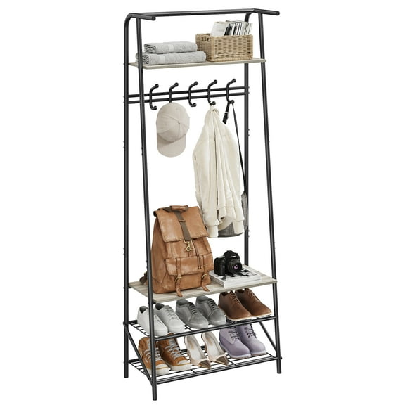 Entryway Hall Tree with Bench and Shoe Storage, Coat Rack with 5 Hooks and 3-Tier Shoe Shelf, Metal Frame Organizer for Entryway, Hallway and Front Door,Single row hook 60 width gray