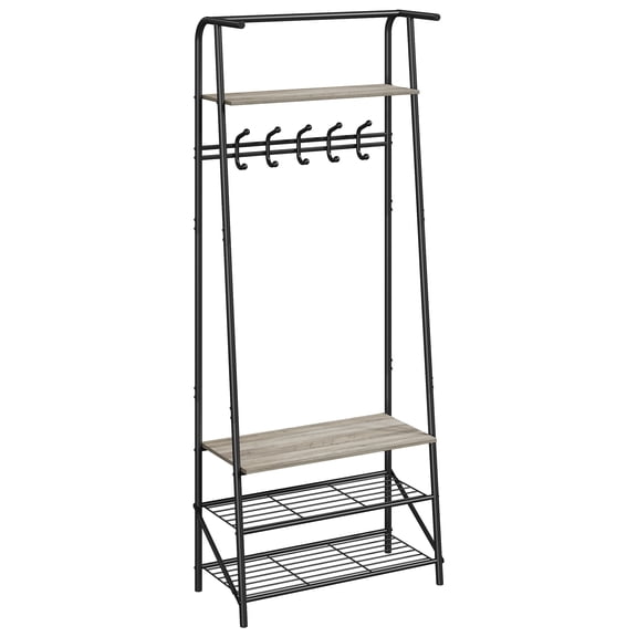 Entryway Hall Tree Coat Rack with Shoe Storage Bench – Metal Frame, Wood Look, 5 Hooks, Organizer Stand for Hallway, Bedroom, Entryway – Single Row Hook, 60cm Width, Gray