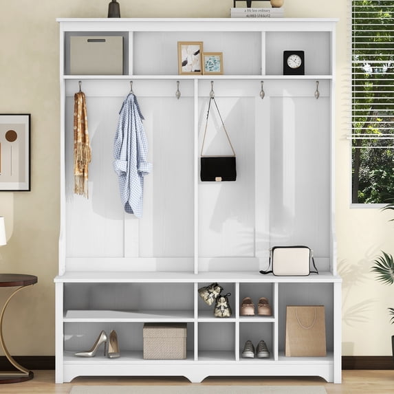 Entryway Hall Tree, Entryway Bench with Metal Hooks, Shelves & Shoe Cubbies, Hallway Coat Rack for Hallway, Living Room