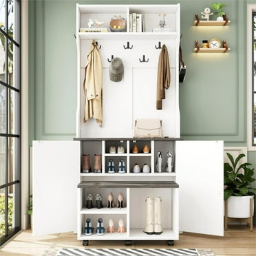 Entryway Hall Tree with Movable Bench, Farmhouse 4-in-1 Hall Tree with 7 Hanging Hooks and Shoe Storage Cabinet, Coat Rack with 6 Brake Wheels for Hallway, Living Room