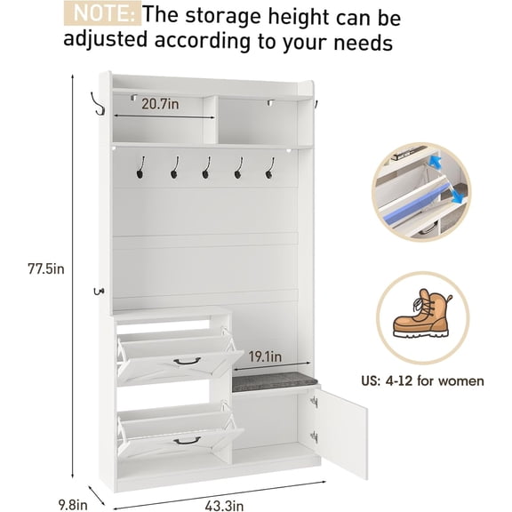 Entryway Hall Tree with and Shoe Storage, 5-in-1 Narrow Hall Tree with LED Light, Cushioned Stool & 9 Hooks, 2 Flip Drawers, 78" Coat Shoe Rack for Mudroom, Hallway, Living Room, White