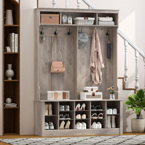 Entryway Hall Tree with  and Shoe Storage, 53" Farmhouse 4-in-1 Mudroom Storage Organizer with Coat Rack, 6 Double Hooks, 12 Shoe Cubbies, Adjustable Shelf, for Hallway, Bedroom, Grey