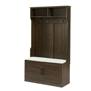 Entryway Hall Tree with Storage Bench, Wooden Coat Rack with Sponge Pad and 4 Dual Hooks, Storage Shelf Organizer with 2-Door Cabinet for Entryway, Bedroom, Easy to Assemble