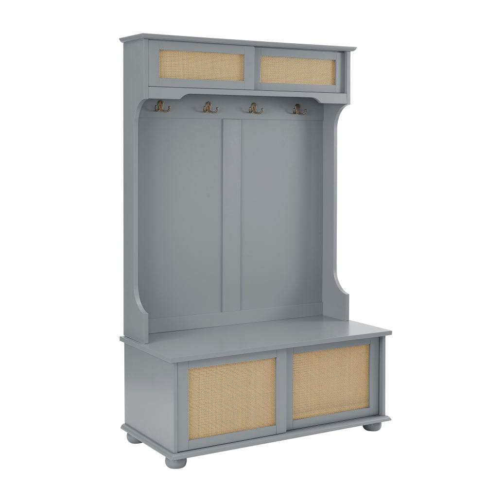 Gray MDF Hall Tree with Rattan Storage Doors and Shelves