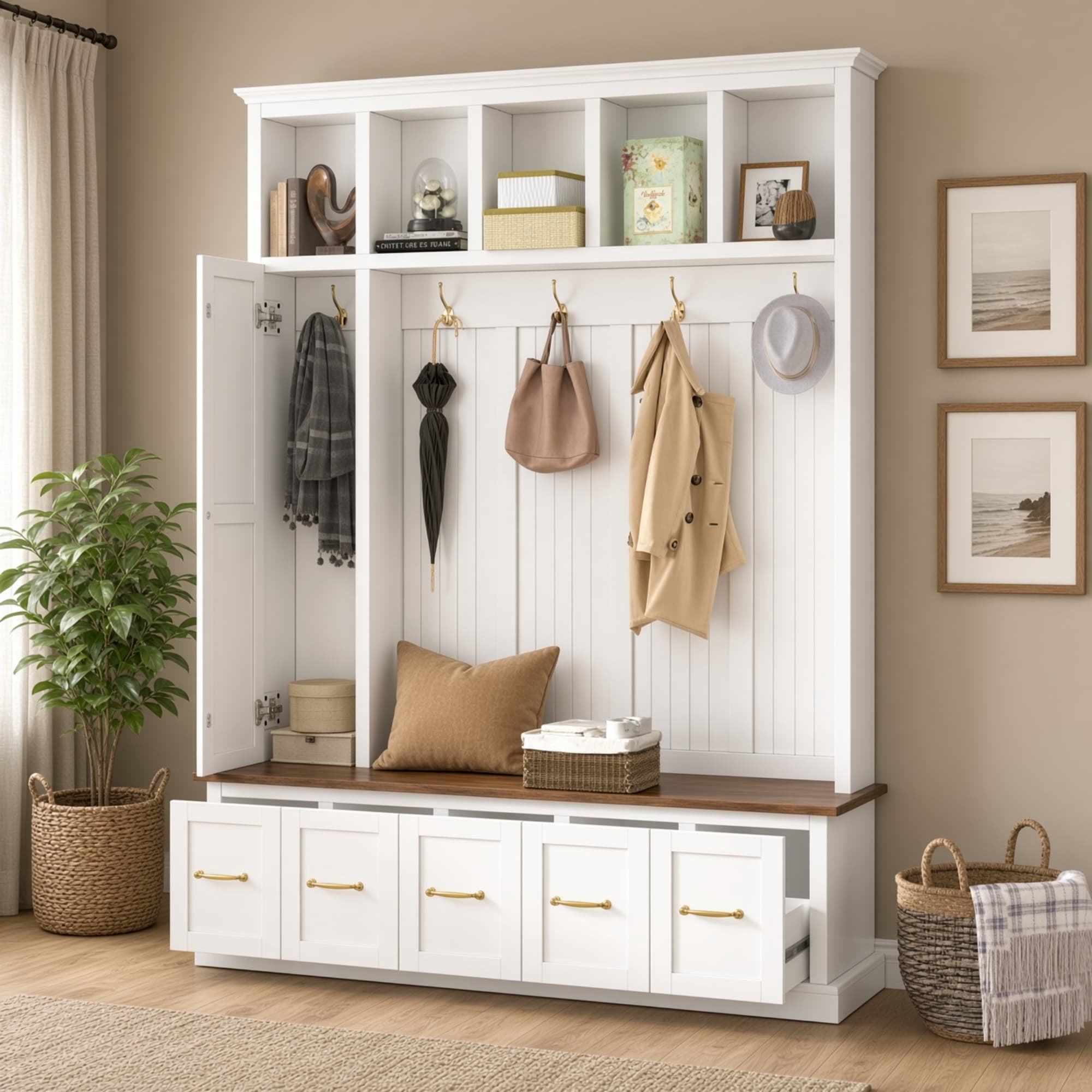 Entryway Hall Tree with Coat Hooks, Shoe Bench and Drawer Storage