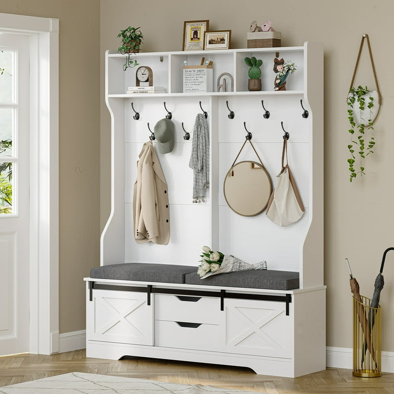 Entryway Hall Tree with Coat Rack&amp;2 Drawers, 5-in-1 Storage Bench 