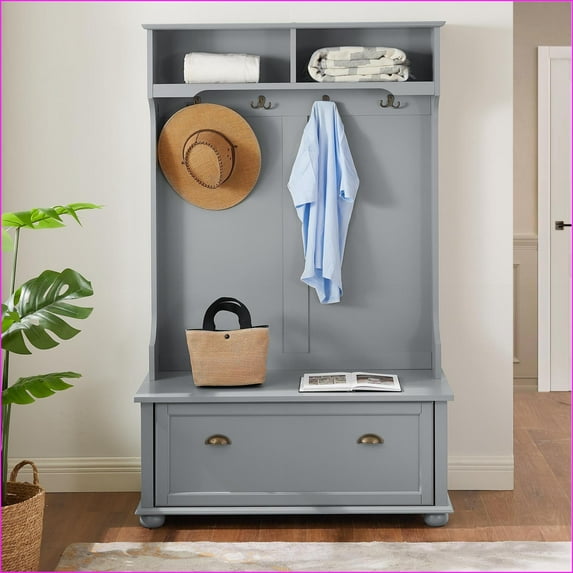 Entryway Hall Tree with Shoe Rack Bench, Coat Hooks & Open Shelves | Modern Classic Gray | MDF | Coat Racks