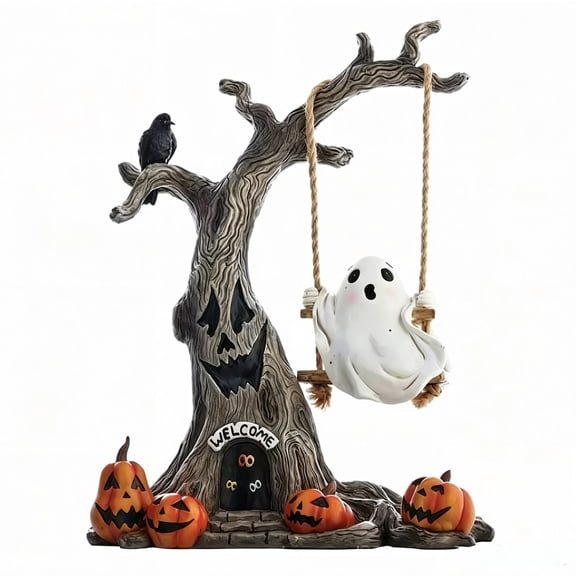 Entryway Halloween Tabletop Statue, Resin Haunted Tree with Swinging Ghost and Black Raven, Fall Seasonal Home Accent