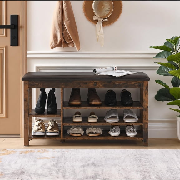 Entryway Height-Adjustable Shoe Changing Storage Bench, Vintage Scandinavian Style, Rubberwood Construction with Hidden Storage, Seats 2