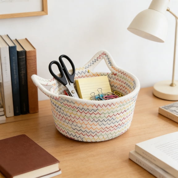 Entryway Key Holder Cotton Rope Storage Basket with Cat Ears, Decorative Woven Desktop Organizer, for Mail Wallet Sundries Hallway Console Table Home Daily Use