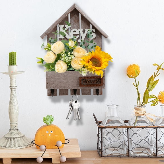 Entryway Key Hooks Wall Mount Organizer | Iron & Natural Wood, Coffee/Green/Blue/Yellow, Compact 29x17.5cm, Space-Saving Key Storage, Decorative Foyer Hook Rack