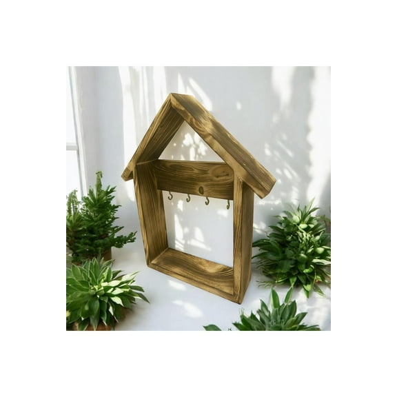 Entryway Key Organizer, Keychain Hooks, Leash Hanger, Coat Rack, Ornament Home Decorative Floating Shelf, Country Rustic Burnt Wood