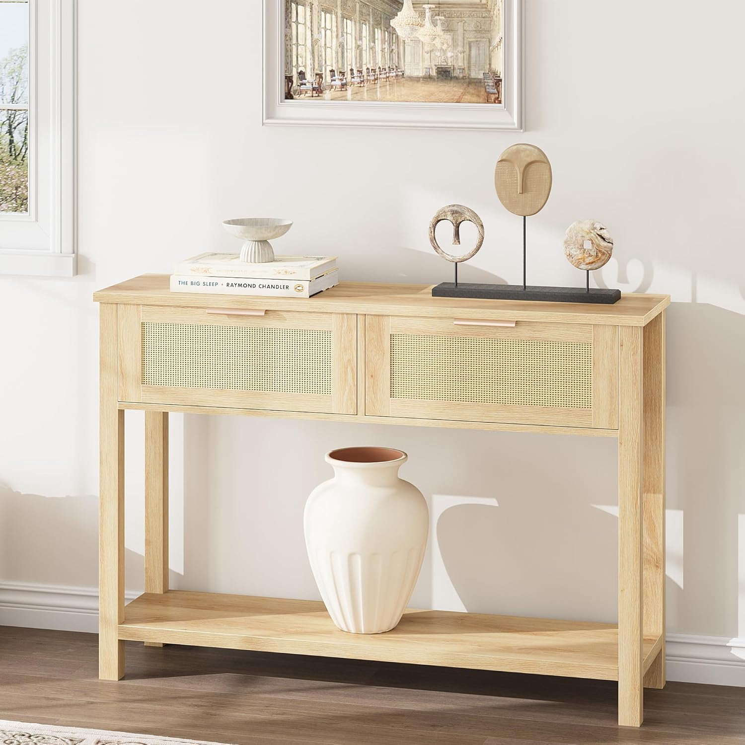 Entryway Living Room Rattan 2-Tier Narrow with Storage Drawers, Wooden ...