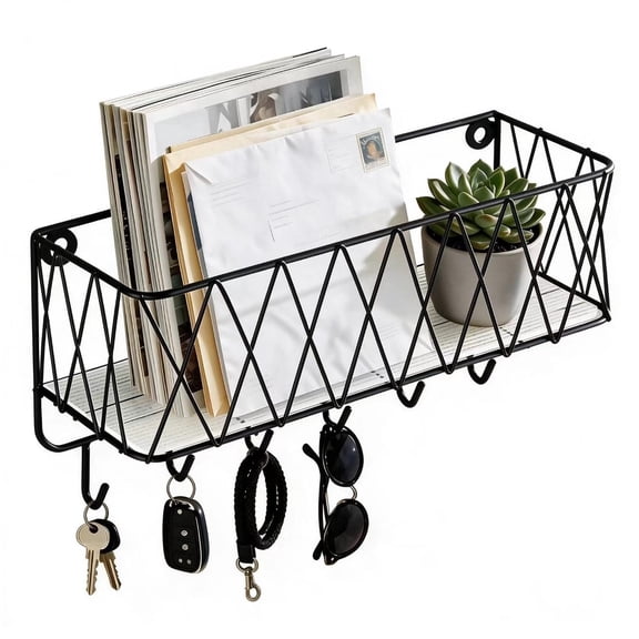QianSai Wall Mount Mail Holder with Key Hooks, 13.4" L x 4.7" W x 7.5" H Matte Black Metal Wire Mesh Entryway Organizer with 6 Hooks for Letters, Keys, Leashes