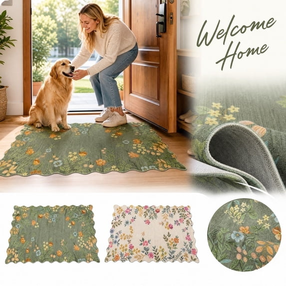 Entryway Mat, Floral Floor Mat for Front Door, Washable Entryway Rug, Scalloped Floral Decor Indoor Mat, 24X16 Inch (40X60Cm) Low-Pile Non-Shedding Indoor Rug, Thick Absorbent
