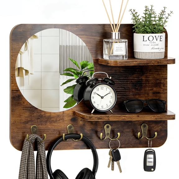 Entryway Mirror with Hooks and Wall Shelf  Key, Mail & Coat Organizer