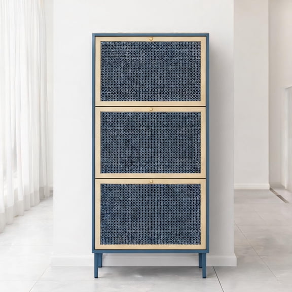Entryway Modern 3-Door Freestanding Shoe Storage Cabinet, Slate Gray Metal Rattan Particle Board