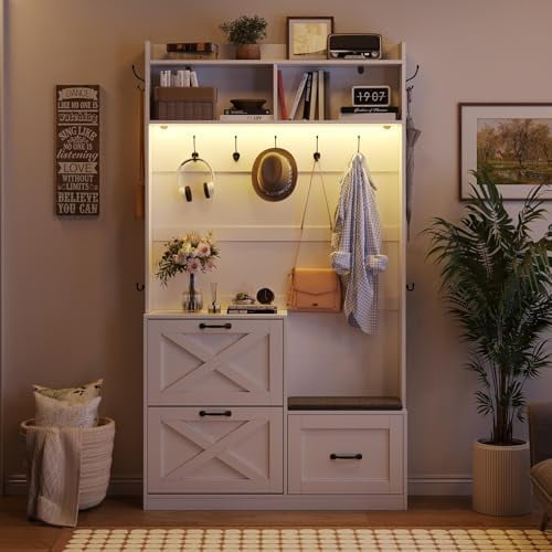 Entryway Narrow Hall Tree with Shoe Storage, Mudroom Storage Seating Coat and Shoe Rack with Cushioned Stool & 9 Hooks, 5-in-1 Hall Tree with Bench for Hallway, Living Room, 78"(White)