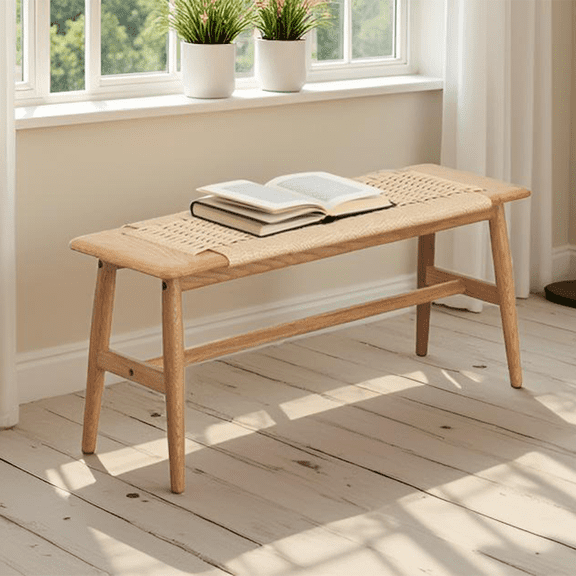 Entryway Rattan Bench, 11.8" D x 31.5" W x 15.98" H Oak Skinny Bench with Hand-Woven Rope Top Design, Sturdy Structure for Kitchen Dining Room,Entry or End of Bed(Oak+Natural)