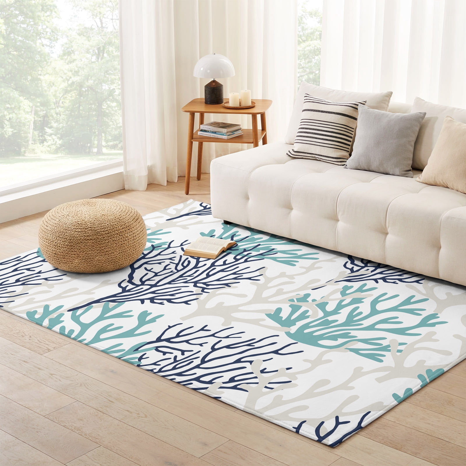 Entryway Rug 2.7x5ft, Teal Blue Grey Coral Coastal Non-Slip Small Area ...