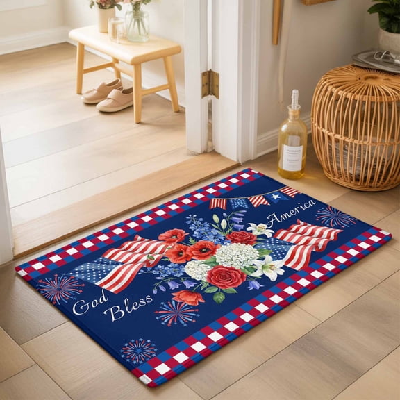 Entryway Rug 2'x3', 250th Anniversary Kitchen Runner Rugs Non-Slip Carpet Mats, Independence Day Floral Navy Blue Bedside Rugs Runners Washable Floor Carpet for Bathroom Laundry Room