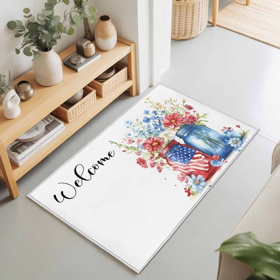 Entryway Rug 2'x3', 4th of July Kitchen Runner Rugs Non-Slip Carpet Mats, Independence Day Spring Floral American Flag Bedside Rugs Runners Washable Floor Carpet for Bathroom Laundry Room