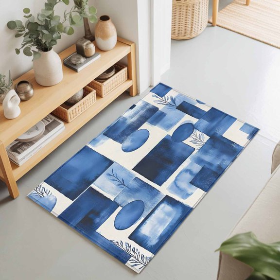 Entryway Rug 2'x3', Abstract Blue Kitchen Runner Rugs Non-Slip Carpet Mats, Geometric Leaves Modern Minimalist Bedside Rugs Runners Washable Floor Carpet for Bathroom Laundry Room