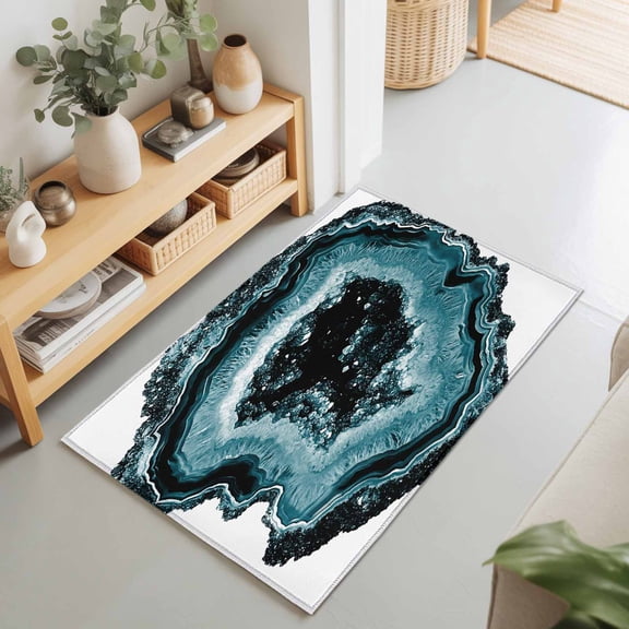 Entryway Rug 2'x3', Abstract Marble Kitchen Runner Rugs Non-Slip Carpet Mats, Vintage Teal Aesthetic Agate Texture Bedside Rugs Runners Washable Floor Carpet for Bathroom Laundry Room