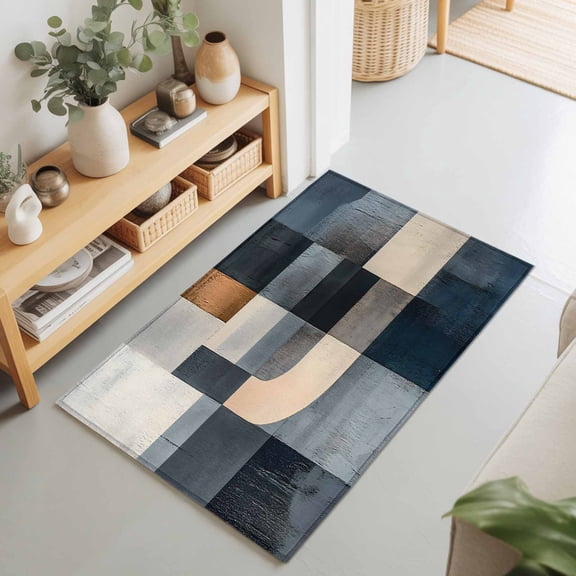 Entryway Rug 2'x3', Abstract Oil Painting Kitchen Runner Rugs Non-Slip Carpet Mats, Farmhouse Black Blue Geometric Bedside Rugs Runners Washable Floor Carpet for Bathroom Laundry Room
