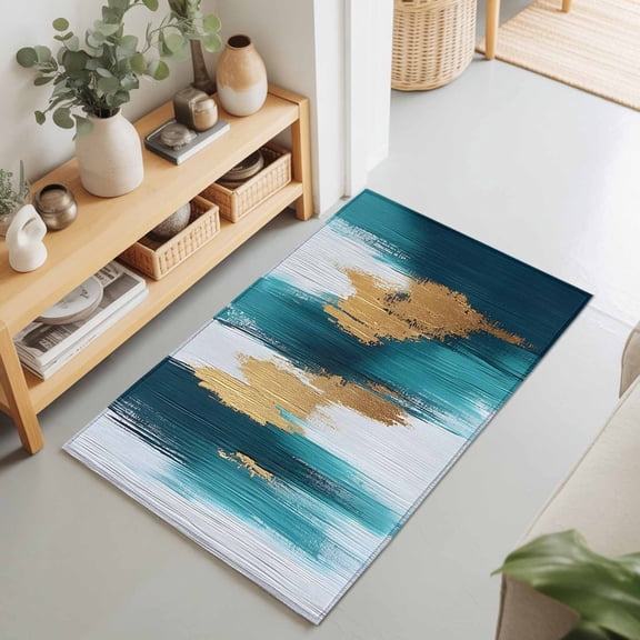 Entryway Rug 2'x3', Abstract Teal Gold Kitchen Runner Rugs Non-Slip Carpet Mats, Green White Wall Art Textured Bedside Rugs Runners Washable Floor Carpet for Bathroom Laundry Room