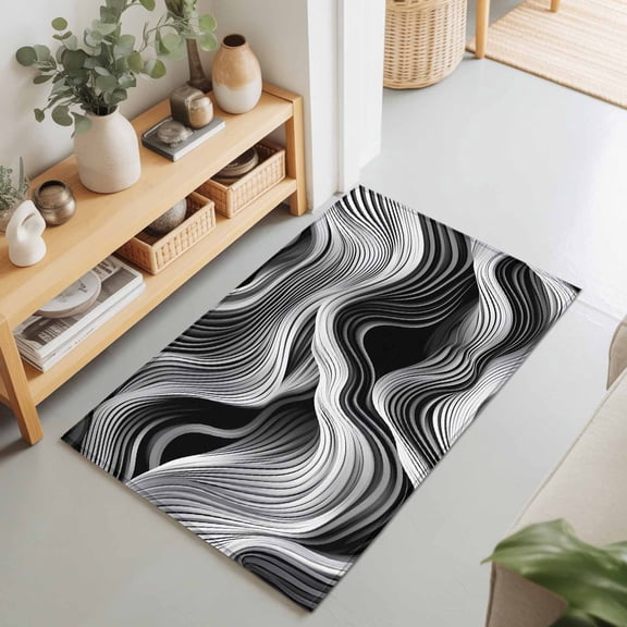 Entryway Rug 2'x3', Abstract Waves Kitchen Runner Rugs Non-Slip Carpet Mats, Black Grey Modern Geometric Striped Bedside Rugs Runners Washable Floor Carpet for Bathroom Laundry Room
