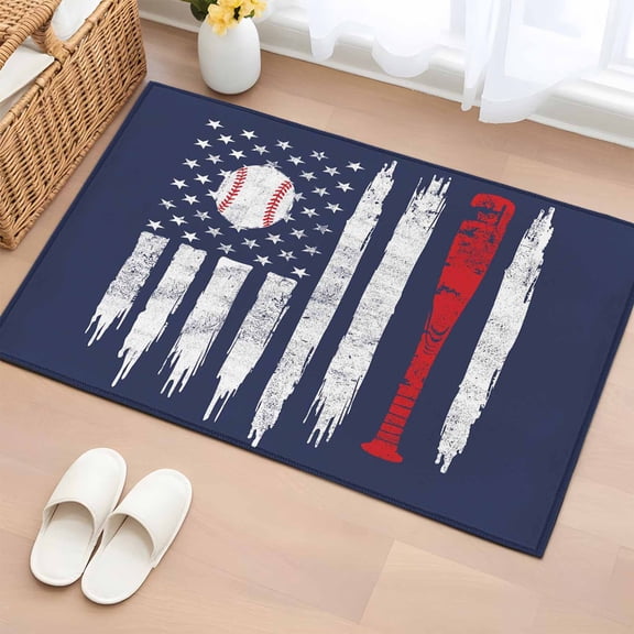 Entryway Rug 2'x3', American Flag Small Rug for Kitchen Bathroom Door Mat Indoor Entrance, US Flag Baseball Stars Navy Blue Non-Slip Area Rugs Floor Mats Carpet Front Door Rugs