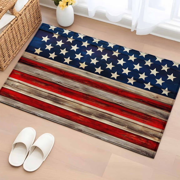 Entryway Rug 2'x3', American Flag Small Rug for Kitchen Bathroom Door Mat Indoor Entrance, Vintage USA Flag Wooden Non-Slip Area Rugs Floor Mats Carpet Front Door Rugs