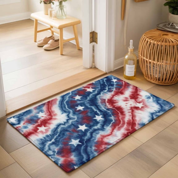 Entryway Rug 2'x3', American Flag Tie-dye Kitchen Runner Rugs Non-Slip Carpet Mats, Blue Red Ombre Abstract Art Bedside Rugs Runners Washable Floor Carpet for Bathroom Laundry Room