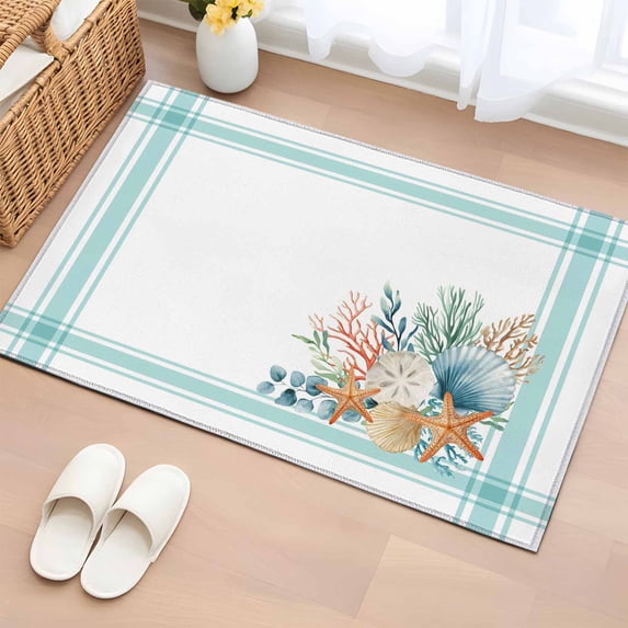 Entryway Rug 2'x3', Aqua Coastal Small Rug for Kitchen Bathroom Door Mat Indoor Entrance, Nautical Seashells Coral Leaves Stripes Non-Slip Area Rugs Floor Mats Carpet Front Door Rugs
