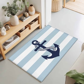 Entryway Rug 2'x3', Aqua Stripe Nautical Kitchen Runner Rugs Non-Slip Carpet Mats, Navy Blue Anchor Summer Coastal Bedside Rugs Runners Washable Floor Carpet for Bathroom Laundry Room
