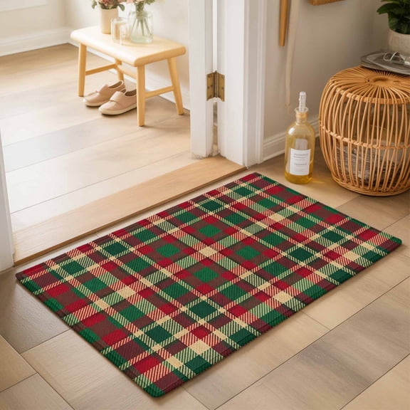 Entryway Rug 2'x3', Autumn Plaid Kitchen Runner Rugs Non-Slip Carpet Mats, Red Green Tartan Gingham Farmhouse Checkered Bedside Rugs Runners Washable Floor Carpet for Bathroom Laundry Room