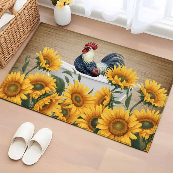 Entryway Rug 2'x3', Bathing Roosters Small Rug for Kitchen Bathroom Door Mat Indoor Entrance, Countryside Sunflower Vintage Burlap Non-Slip Area Rugs Floor Mats Carpet Front Door Rugs